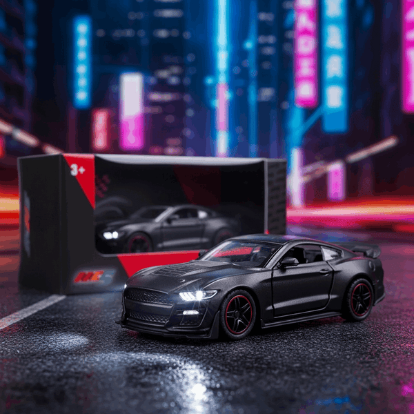 Ford Mustang GT 500 Style Die-Cast Toy Car 1:32 Scale – Pull Back Action with Openable Doors, Alloy Metal Body  (10 cm) (Mat Black)