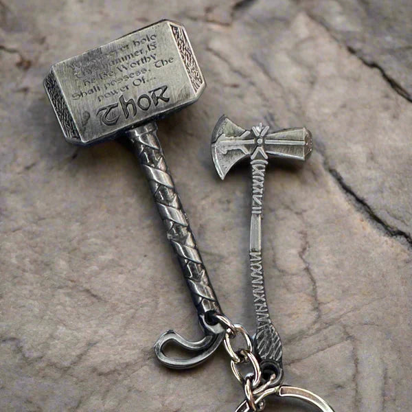 Dual Power Thor Hammer & Stormbreaker Metal Keychain Set - Silver