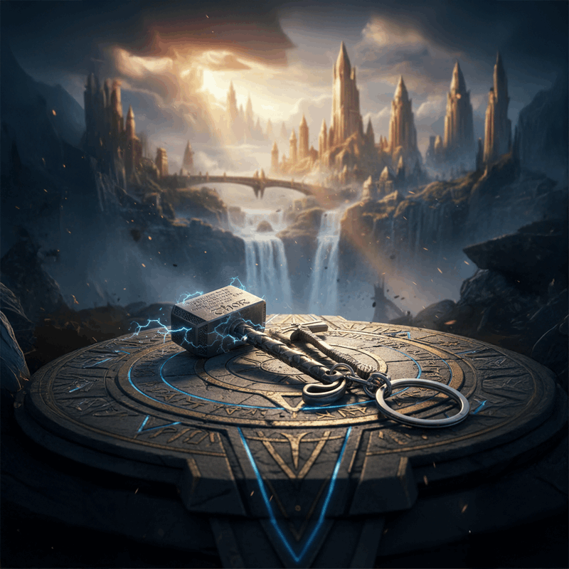 Dual Power Thor Hammer & Stormbreaker Metal Keychain Set - Silver